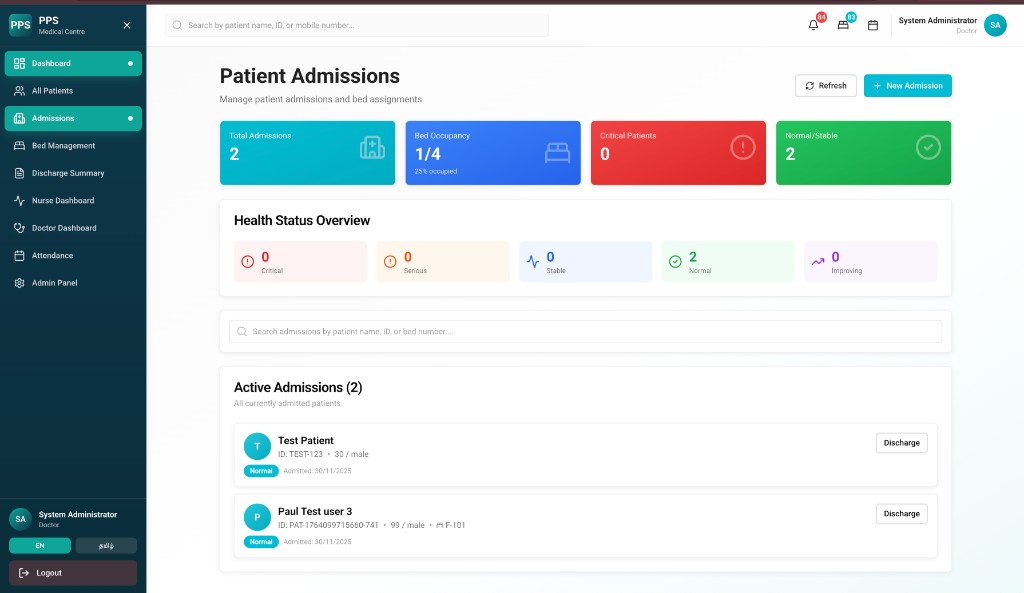 Patient admissions screen with bed assignment