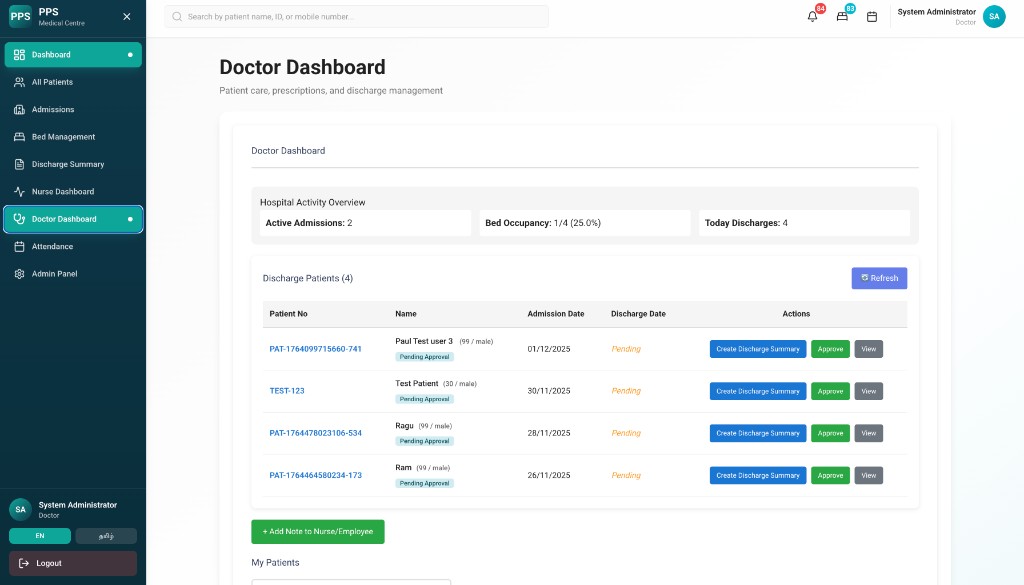 Doctor dashboard with discharge summary and approval actions