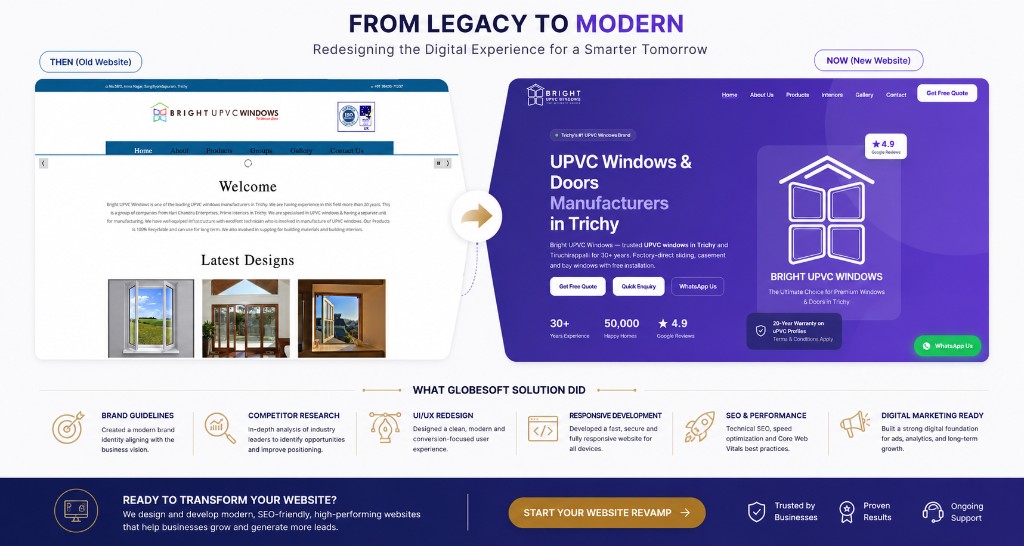 Bright UPVC website before and after redesign — legacy site vs modern conversion-focused site